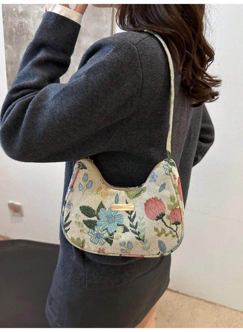 Women’s Vintage Floral Shoulder Bag – Retro Tapestry Fabric Handbag with Crescent Shape - Image 2